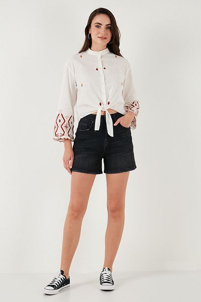 Lela Cotton Embroidered Waist Tied Judge Collar Shirt Shirt 6110097