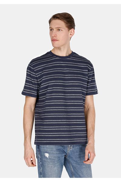 Colin's Comfort Fit Round Neck Striped Men's Navy Blue Short Sleeve T-Shirt