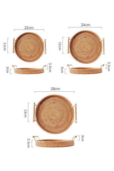 Generic XiuWoo Round Rattan Woven Serving Tray with Handles Brown 24 x 12 x 3.5cm