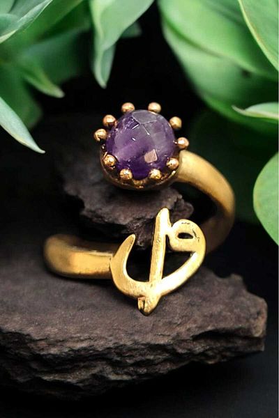 Öze Aksesuar Elif Vav Amethyst Natural Stone Ring Real Bronze Mineral Handwork Adjustable Size