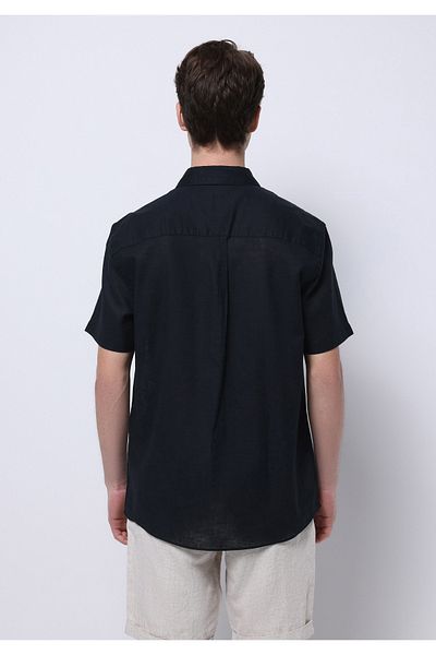 Colin's Regular Fit Shirt Neck Plain Men's Linen Blended Black Short Sleeve Shirt