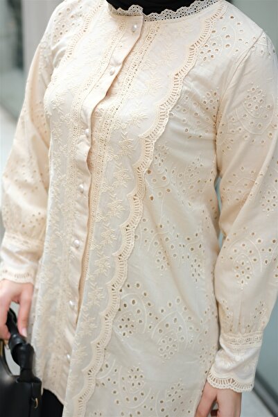 LOCCO Cămașă oversize pentru femei cu detaliu Guipure în față, crem