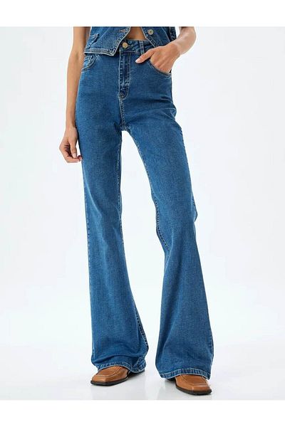 Koton Cotton Flare Jeans - Spanish Leg, Buttoned Pocket Detail