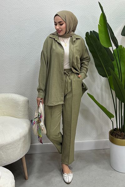 Tesettür Diyarı Women's Sofia Linen Shirt Suit-Khaki