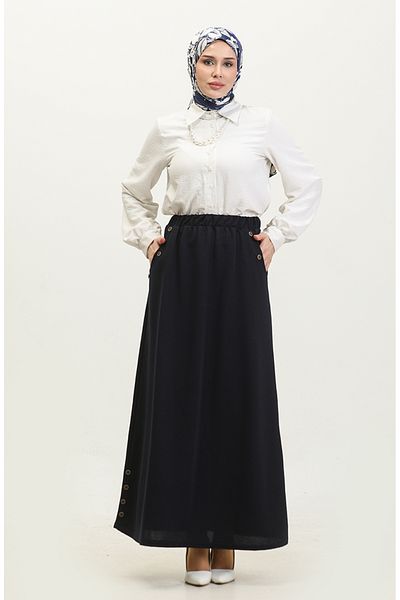 sefamerve Λεπτομερής φούστα με κουμπιά Navy Blue Plus Size 4208-05