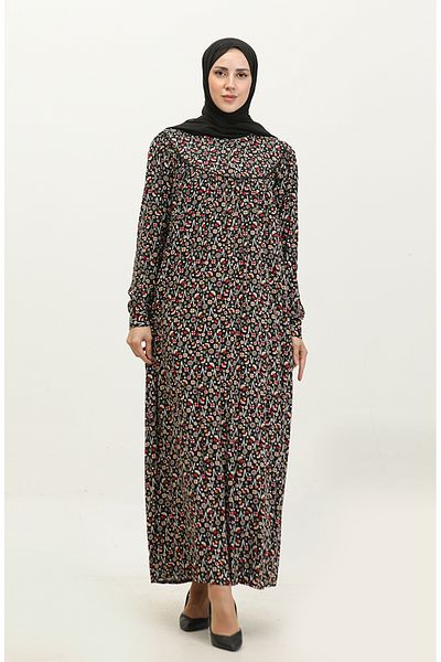 sefamerve Φόρεμα με μοτίβο Viscose Plus Size - Μαύρο Χακί 4473-01