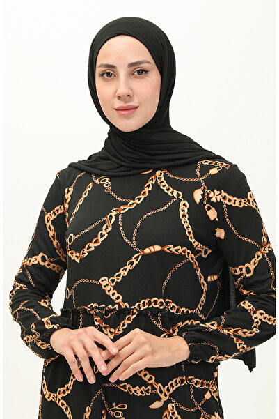 sefamerve Zincir Desen Elbise 1707-01 Siyah