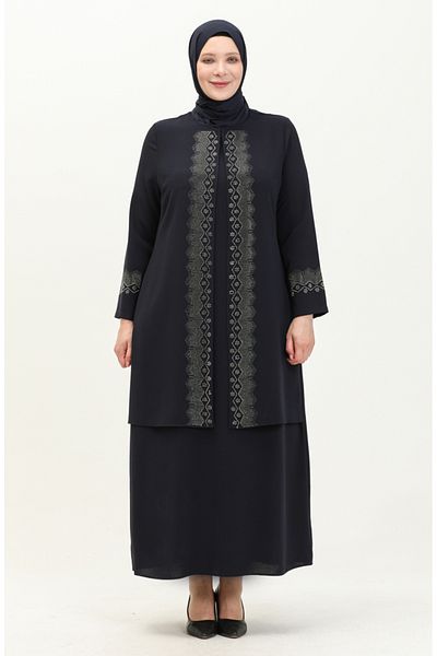 sefamerve Βραδινό φόρεμα με στάμπα Navy Blue Stone Plus Size - 6092-06