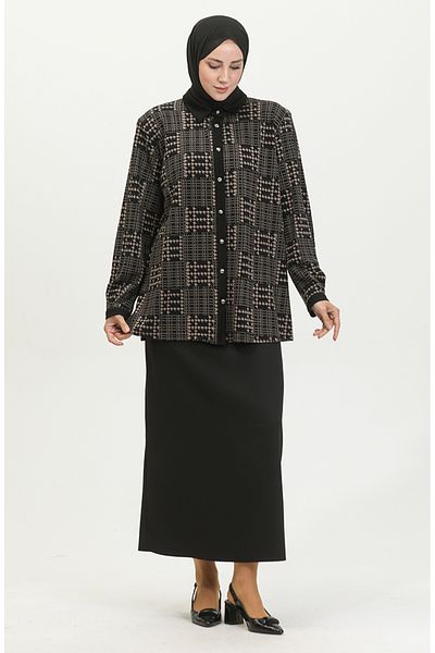 sefamerve Πουκάμισο με μοτίβο Plus Size 3605B-01 - Black Mink