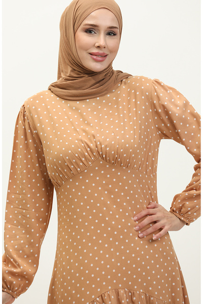 sefamerve Puantiyeli Elbise 1899-02 Hardal Krem