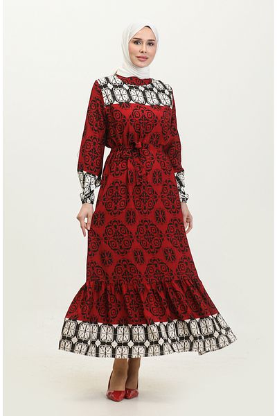 sefamerve Red Viscose Dress - Patterned and Belted 0379-04