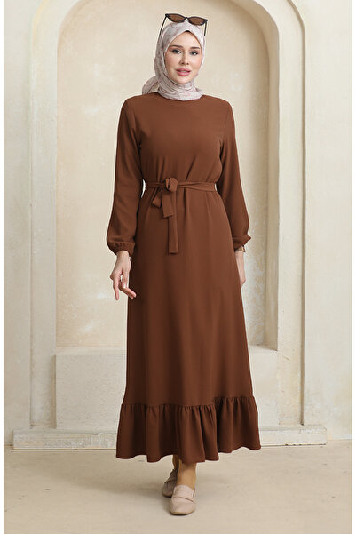 sefamerve Kolu Lastikli Kemerli Elbise 1015-03 Kahverengi