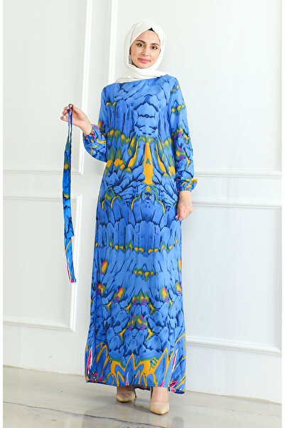 sefamerve Φόρεμα μπλε βισκόζης - με μοτίβο και φύλλο 0496-04