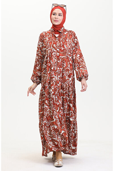 sefamerve Desenli Viskon Elbise 0472-02 Kiremit