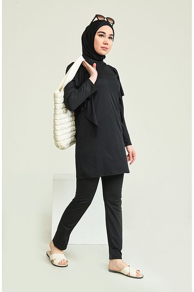 sefamerve Vollständig bedeckter Hijab-Badeanzug mit Rüschendetail, 2225a-02, Schwarz