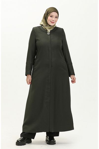 sefamerve Pardesiu kaki Plus Size cu broșă - 0472-06