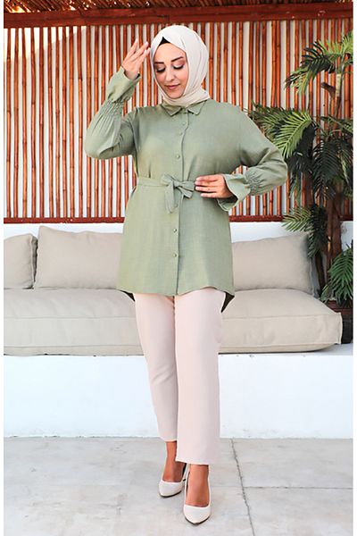 sefamerve Χακί Ζώνη Plus Size Tunic - 2033-01