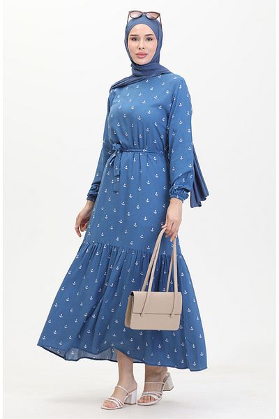 sefamerve Φόρεμα Indigo Belted Anchor Print - 0461-02