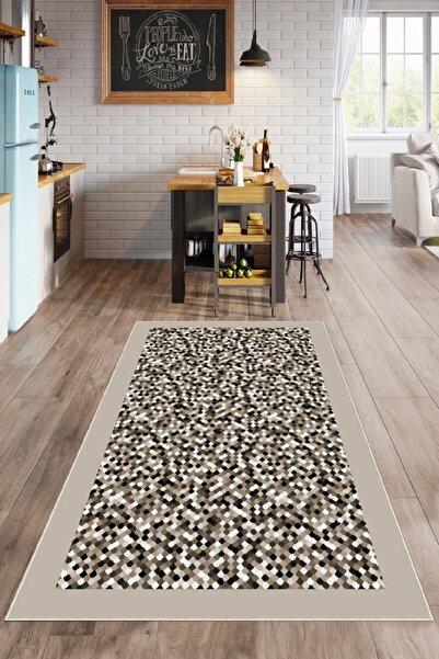 Hülya Home Geometrik Desenli Dijital Baskı Yıkanabilir Kaymaz Taban Ince Salo...