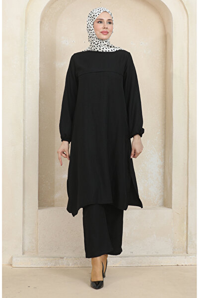 sefamerve Black Tunic and Trousers Double Set - Elastic Sleeve 1005-01