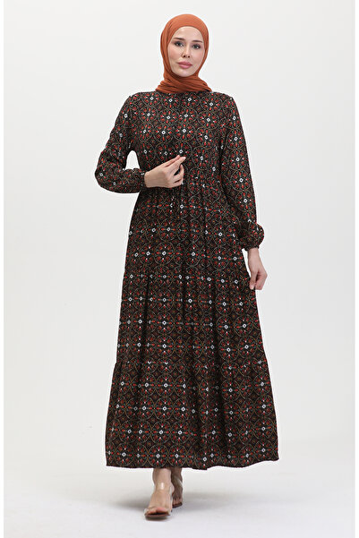sefamerve Desenli Düğmeli Viskon Elbise 0441-04 Siyah Turuncu