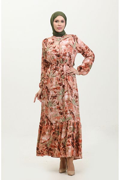 sefamerve Φόρεμα Viscose Brown Green - Leaf Pattern, Model 0356-02