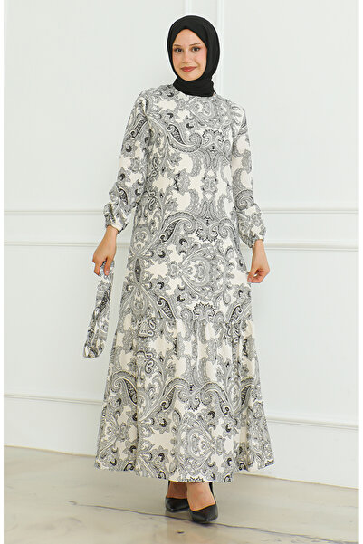 sefamerve Vzorované plátěné šaty s páskem 0471C-03 Černá