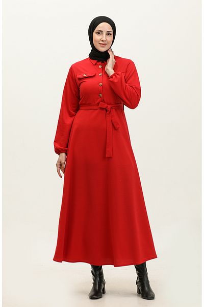 sefamerve Red Cup Dress - Pocket Detail, Model 0331-04