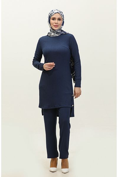 sefamerve Marineblauer Tunika- und Hosenanzug mit Knopfdetail 0101DA-05