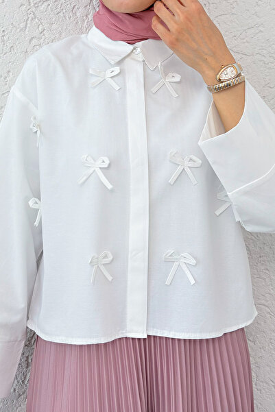 Salih Çelebi Bow Detailed Midi Shirt 2549 - White