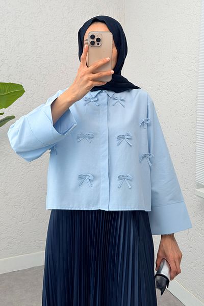 Salih Çelebi Bow Detailed Midi Shirt 2549 - Baby Blue