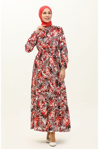 sefamerve Red Viscose Dress - Palm Pattern, Model 0231-06