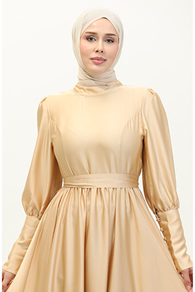 sefamerve Kuplu Saten Abiye Elbise 6080-09 Gold