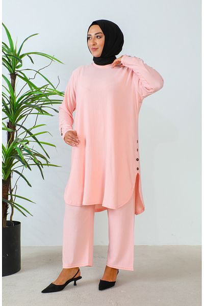 sefamerve Set de tunică și pantaloni cu strasuri de mărime mare - 2658-03 Pulbere