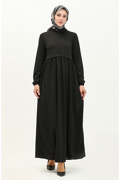 sefamerve Black Gathered Dress - 0666-03 Model