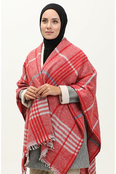 sefamerve Red Stripe Patterned Poncho 2054-02