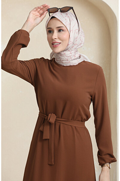 sefamerve Kolu Lastikli Kemerli Elbise 1015-03 Kahverengi