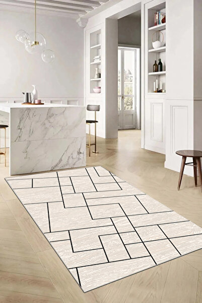 Hülya Home Mutfak Halısı Geometrik İskandinav Eskitmeli Dijital Baskı Yıkanab...