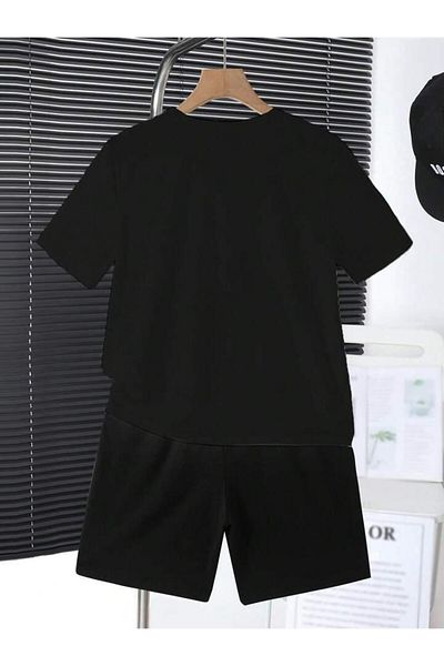 vinraus Girl\Boy Black Paris Printed Combed Cotton Shorts-Tshirt Set