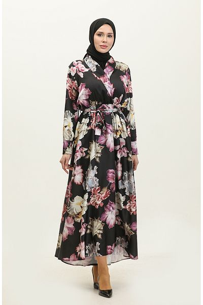 sefamerve Σατέν βραδινό φόρεμα 5349-01 - Floral print, μαύρο πράσινο