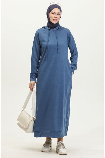 sefamerve Indigofarbenes Sportkleid mit Kapuze – 0190-21 Zwei Fäden