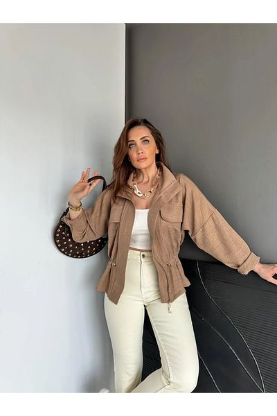 QİMYA BUTİK Qimene Women's Large Pocket Waist Drawstring Loose Collar Straight Oversize Coat