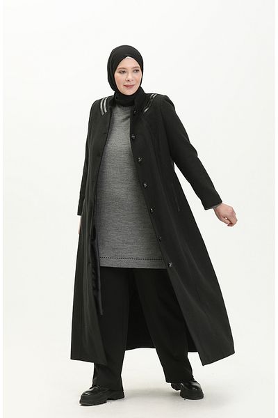 sefamerve Μαύρο Παλτό Κασμίρ - Plus Size, Oversize Buttoned 0417-01