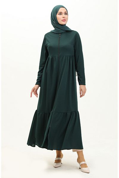 sefamerve Emerald Green Zippered Gathered Ferace - 0695-06