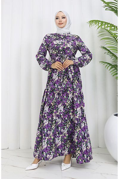 sefamerve Ανοιξιάτικο Φόρεμα με Μωβ Floral Print Half Button - 0361-04