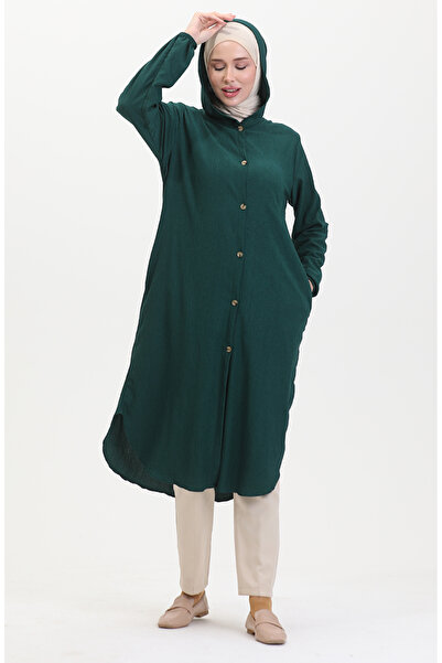 sefamerve Kapüşonlu Düğmeli Kap 7272-05 Zümrüt Yeşil