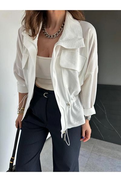 QİMYA BUTİK Qimene Women's Large Pocket Waist Drawstring Loose Collar Straight Oversize Coat