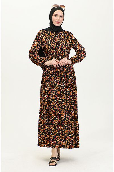 sefamerve Φόρεμα βισκόζης μαύρο μουστάρδα - Floral print, Μοντέλο 0426-01