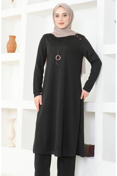sefamerve Black Necklace Tunic and Trousers Set - 0580-01