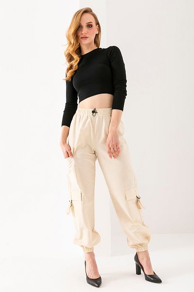 GİYSA Women's Adjustable Waist Cargo Pocket Parachute Pants Stone - 925045